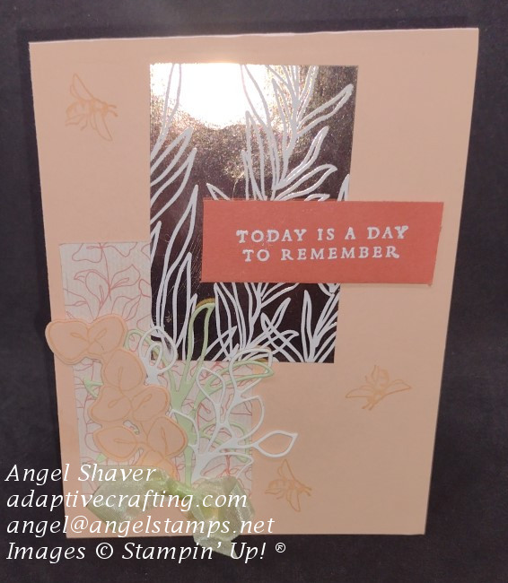Petal pink card with stamped bees and rectangles of patterned paper with foiliage that matches the stamps and dies.  Boquet of dies at bottom of card.  Sentiment label reads, "Today is a day to remember."