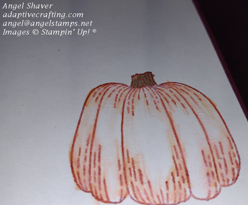 Stamped pumpkin image on inside of card.  Colored using blender pen to pull ink from stamp outline.