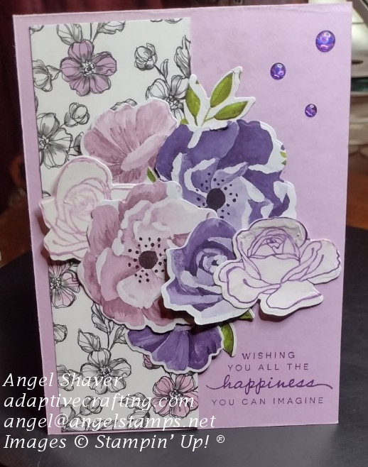 #stampinup #handmadecard #crafts 
#adaptivecrafting #angelshaver #handmade #rubberstamping #papercrafting #augusta #kansas #cardmaking #postoftheday #creative #purple #flowers #happybirthday #birthday card
#monochrome
#shadesofpurple