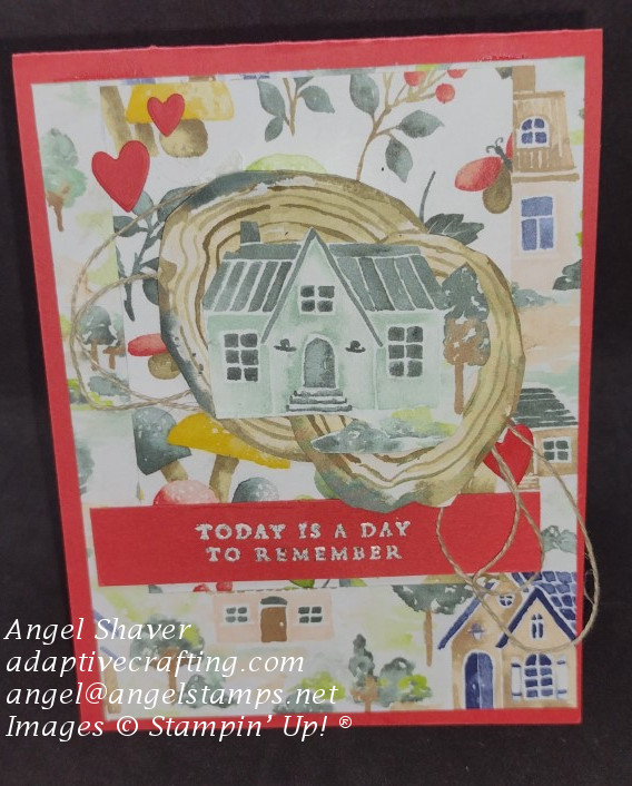 Celebration card made with patterned paper featuring a house on wood rings over loops of linen thread.  Heat embossed white sentiment says "Today is a day to remember.?