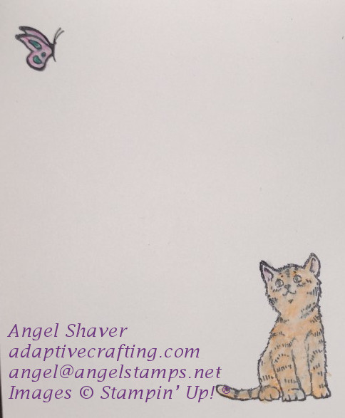 Inside of card with stamped kitten and butterfly colored in with watercolor pencils.