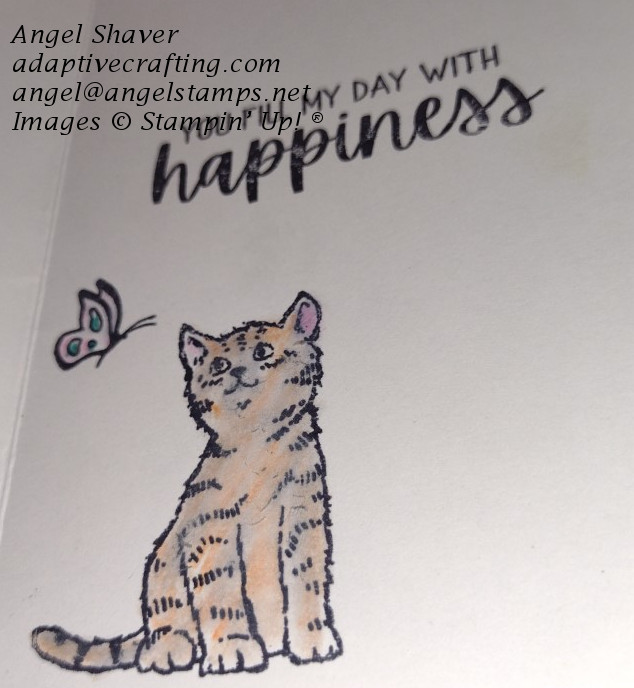 Inside of notecard with stamped cat watching a butterfly.  Both are colored in with watercolor pencils.  Sentiment says, "You fill my day with happiness."