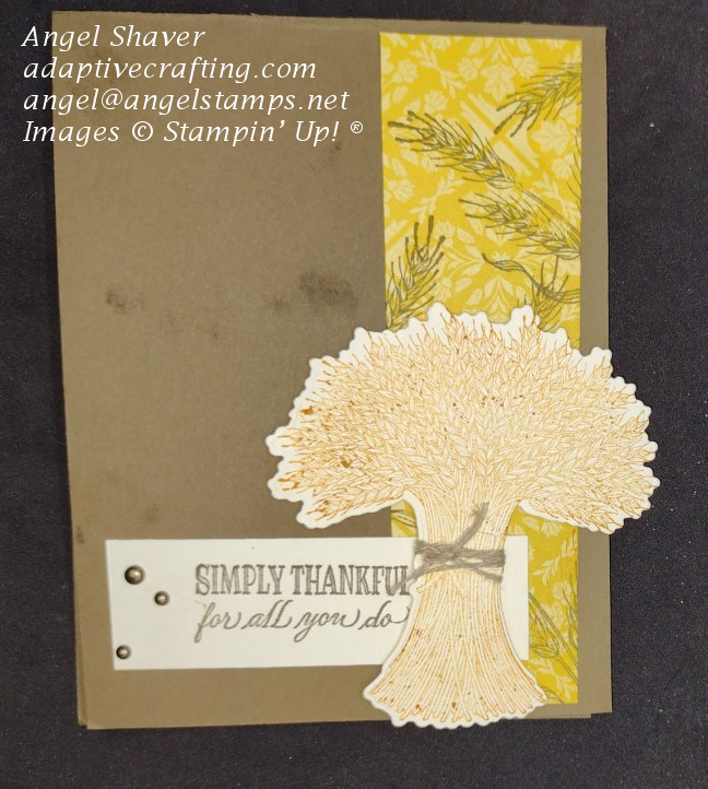 Thank you card featuring stamped wheat on patterned paper strip with bundle of wheat die.  Sentiment strip says "Simply thankful for all you do."