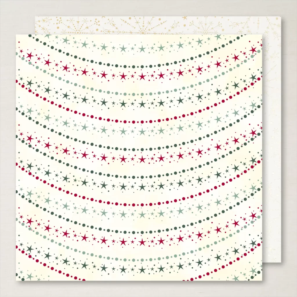 vanilla patterned paper with strings of stars in varying shades of green and red