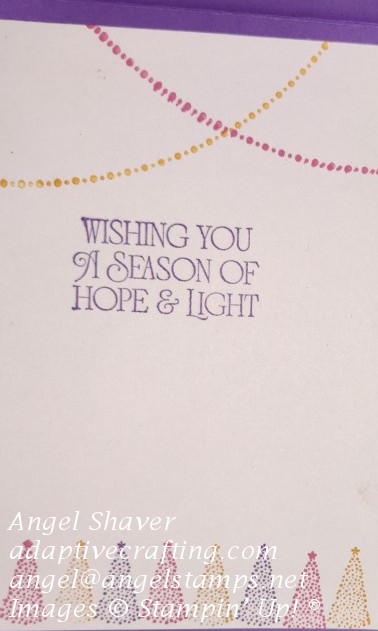 Inside of card with small stamped trees, stamp lights, and a sentiment that says. "Wishing you a Season of Hope and Light."