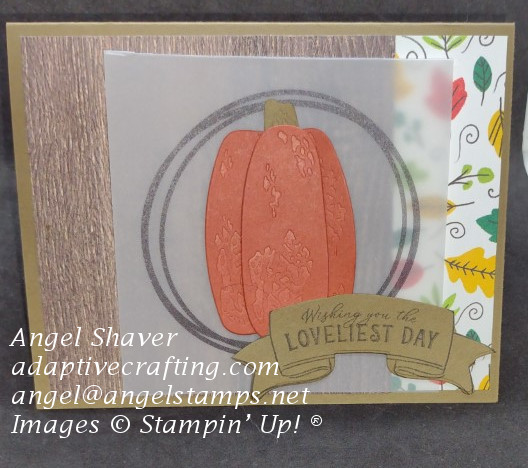 Brown fall card featuring a wood patterned embossed paper and a strip of patterned paper with colorful falling leaves.  The card features a die cut pumpkin on a vellum sheet with a circle frame.  Sentiment label says, "Wishing you the Loveliest Day."