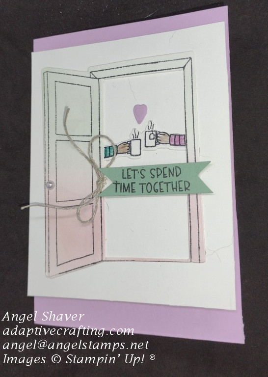 Purple card with purple and green open door with two different hand holding mugs.  Sentiment says, "Let's spend time together."