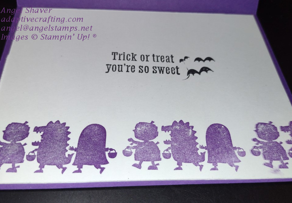 Inside of card with purple parade of trick or treaters.  Says " Trick or Treat You're So Sweet."