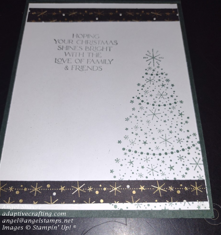 Inside of card with stamped Christmas tree and strips of black patterned paper with gold stars at the top and bottom.  Sentiment says, "Hoping your Christmas shines bright with the love of family & friends."