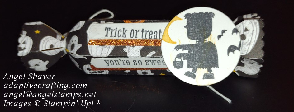 Halloween treat cracker made with Halloween themed pattern paper and stamp set.  Cracker says "Trick or treat. You're so sweet."