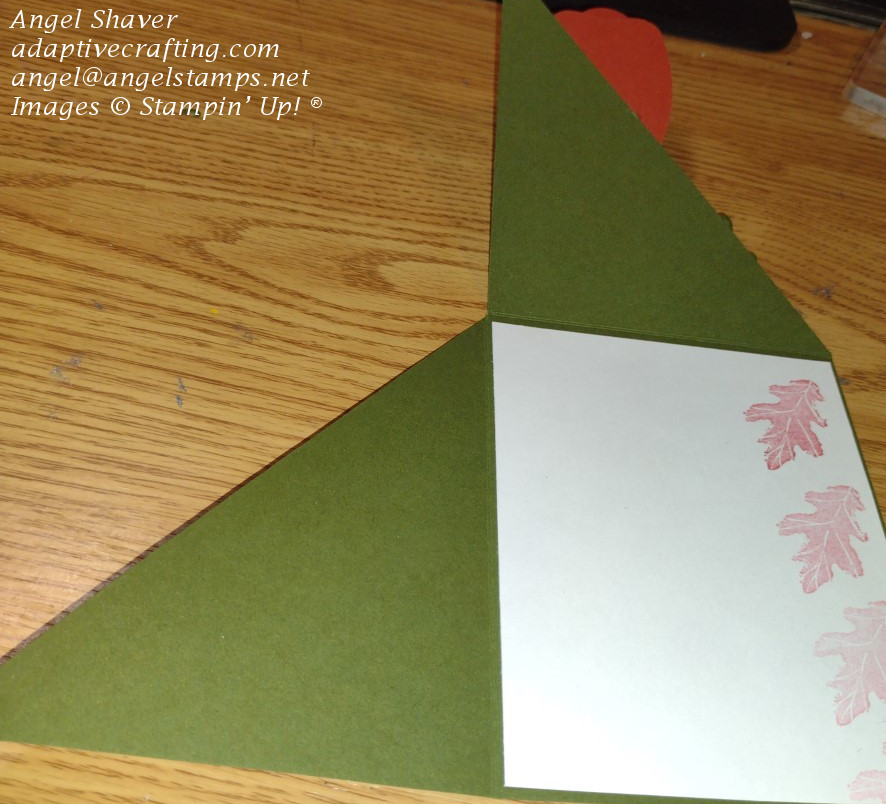 Green double diagonal card with both flaps open.  Card interior has line of reddish fall leaves stamped along right side of card.