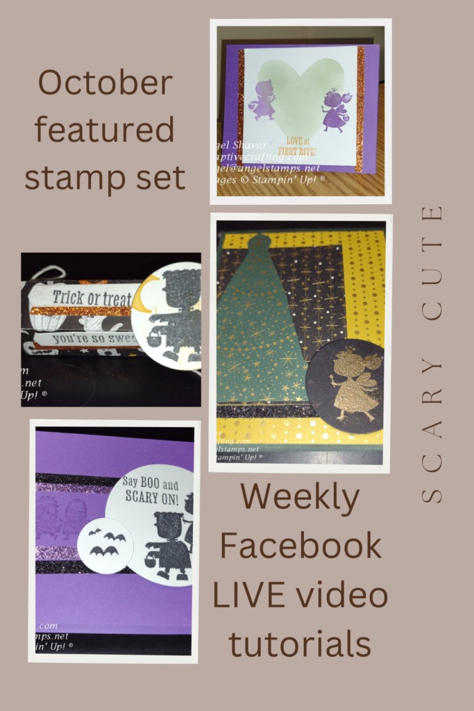 Pictures of all four projects created with the October featured stamp set--Scary Cute.  