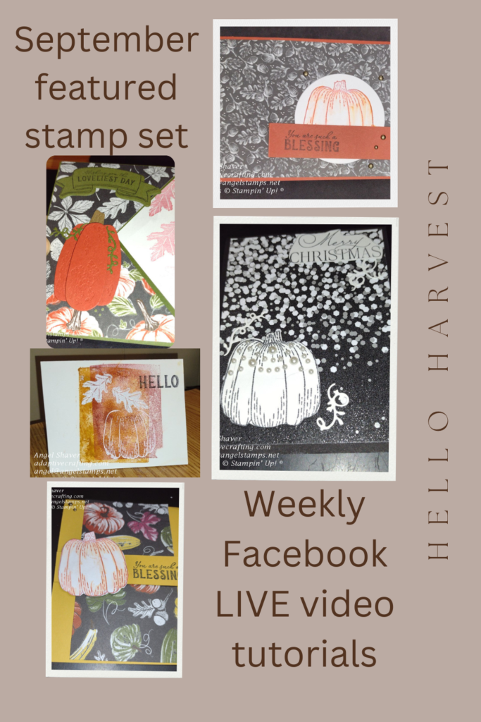 Pictures of the five cards created for weekly Facebook LIVE tutorials using the September featured stamp set--Hello Harvest.