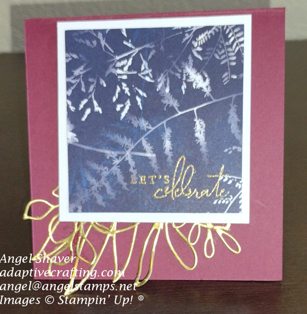 Square card with sun print patterned paper with gold foil leaf diecuts and a gold heat embossed sentiment