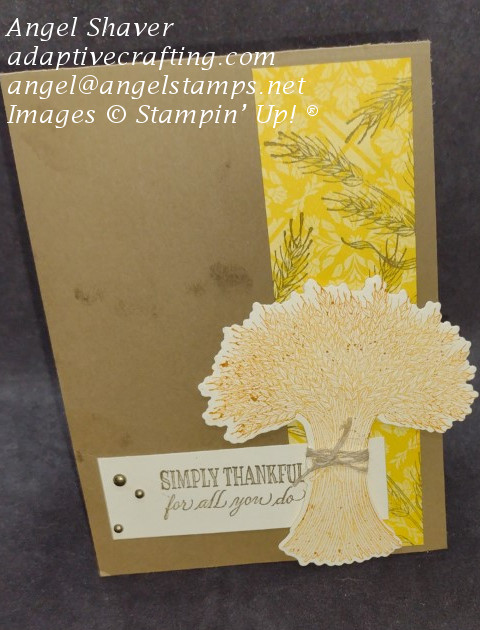 Thank you card featuring stamped wheat on patterned paper strip with bundle of wheat die.  Sentiment strip says "Simply thankful for all you do."