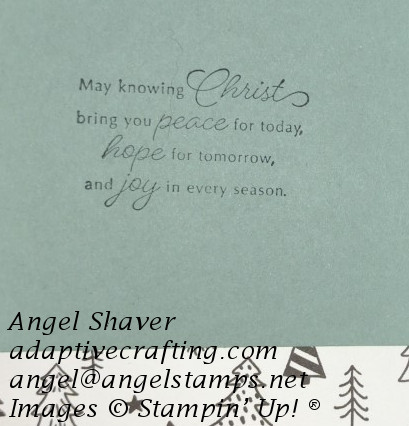 Inside of green card with strip of black and white patterned paper with Christmas trees.  Sentiment says, "May knowing Christ bring you peace for today, hope for tomorrow, and joy in every season.