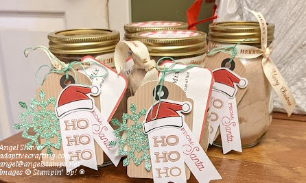 Hot Chocolate mix in mason jars with gift tags from November 2022 Paper Pumpkin kit.  Tied with ribbons that say "Merry Christmas."