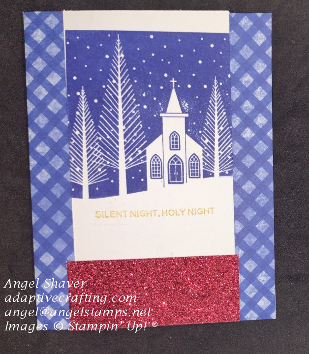Blue plaid patterned notecard with a stamped winter scene on top layer.  Sparkle added with strip of red glimmer paper.  Sentiment says, "Silent Night, Holy Night."