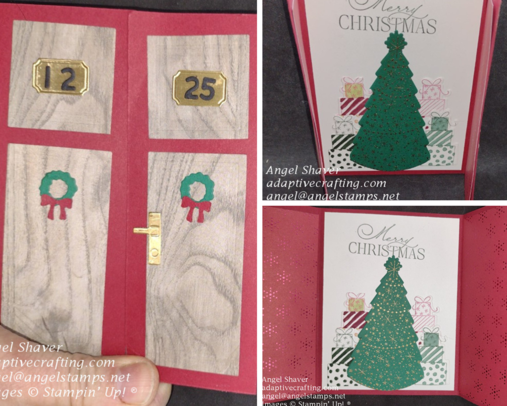 Red gatefold card made to look like two doors with wood pantels and 12 25 address labels and green wreaths with red ribbons on the doors.  Door open to show Christmas tree sdie surrounded by stacks of gifts.  Sentiment says, "Merry Christmas."