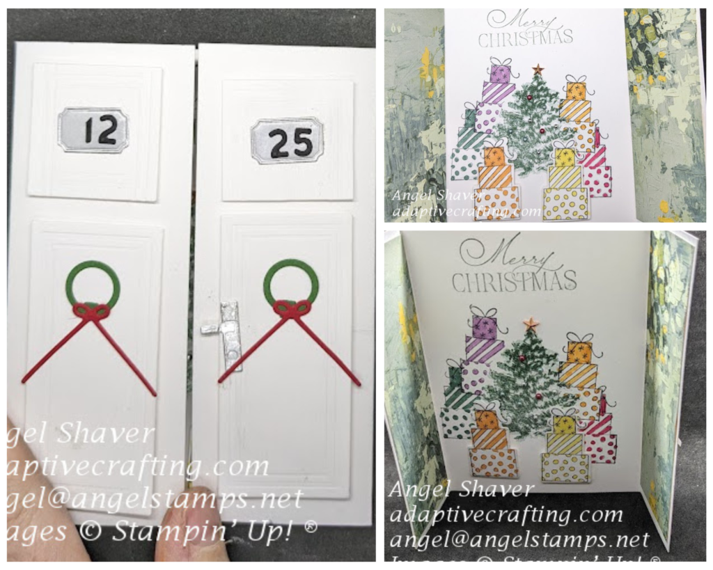 White gatefold card made to look like two door with 12 25 address labels and green wreaths with red ribbons on the doors.  Door open to show decorated Christmas tree surrounded by stacks of gifts.  Sentiment says, "Merry Christmas."