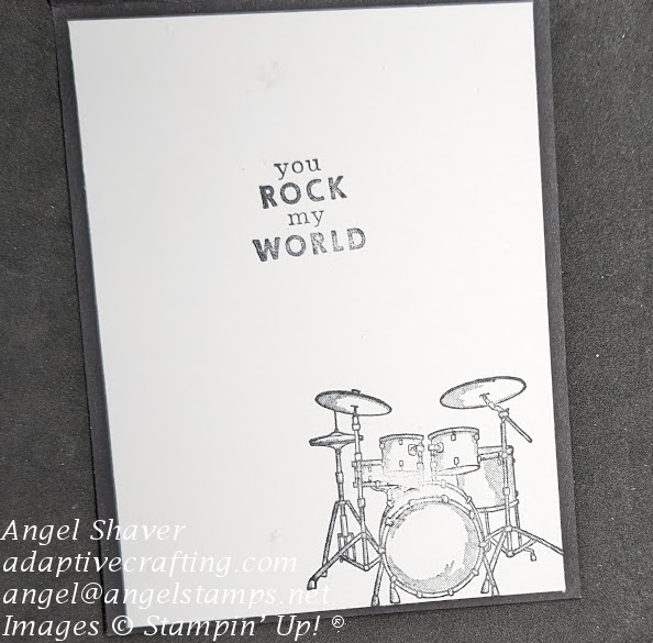 Inside of card with stamped drum set.  Says "You Rock my World."