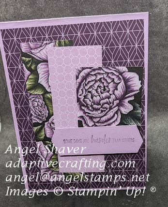 Purple card with panels of different purple paper patterns with flowers and geometric shapes.  Sentiment label says, "Some days are harder than others."
