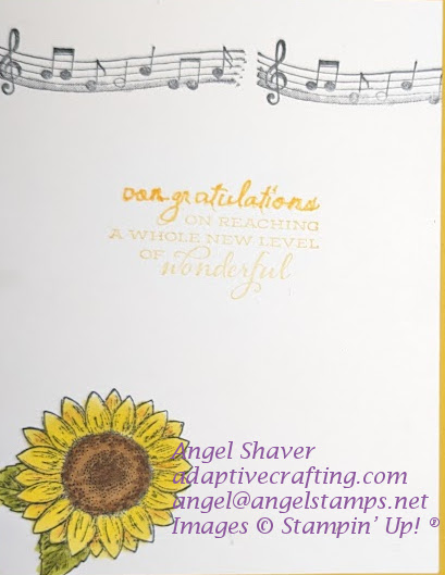 Inside of card with lines of music at tope and sunflower stamped and colored in with alcohol markers at the bottom of the card.  Sentiment says,  "Congratulations on reaching a whole new level of wonderful."