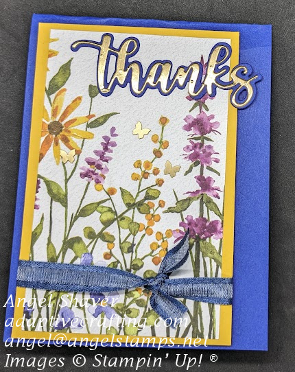 Blue thank you card with flower garden patterned paper framed by yellow cardstock.  Sentiment is a "thanks" die.  Finished off with ribbon and brass butterflies.