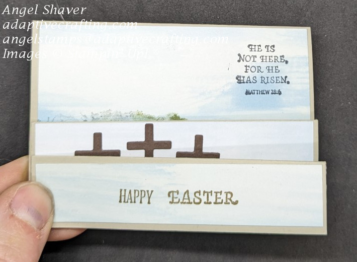 Closed step card  featuring Easter scenes of the three crosses and the tomb with a stone that rolls away.  Sentiments say "Happy Easter and "He is not here, for he has risen. Matthew 28:6"