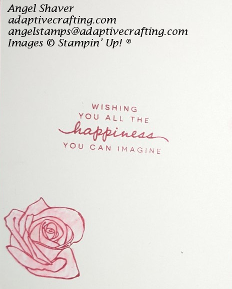 Inside of card with pink rose and sentiment says, "Wishing you all the happiness you can imagine."