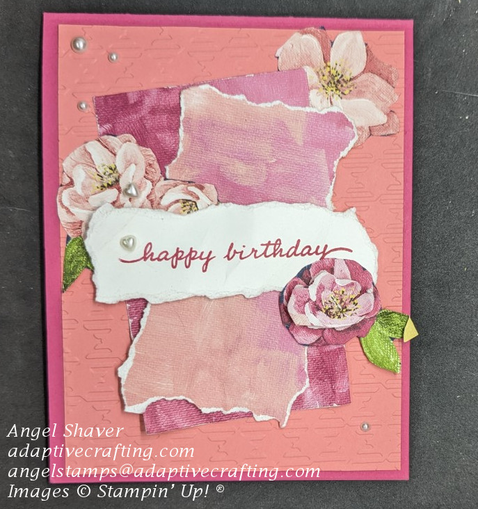 Birthday card in different shades of pink with flowers and pearls.