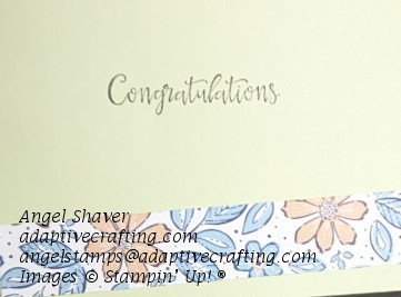 Inside of green card with strip of pink and blue floral patterned paper along bottom.  "Congratulations" sentiment.