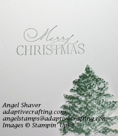 Inside of card with evergreen tree and sentiment that says "Merry Christmas."