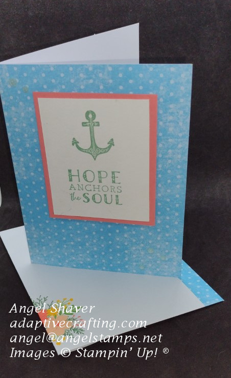 Encouragement card made with Tahitian Tide polka dot pre-decorated notecard & envelope.  Framed stamped images added to front of card--anchor and sentiment says, "Hope Anchors the Soul."