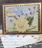 Outside of purple mother's day card with stamped sunflower die and watercolor look front panel.  Also includes coordinating watercolor look envelope with matching flowers.