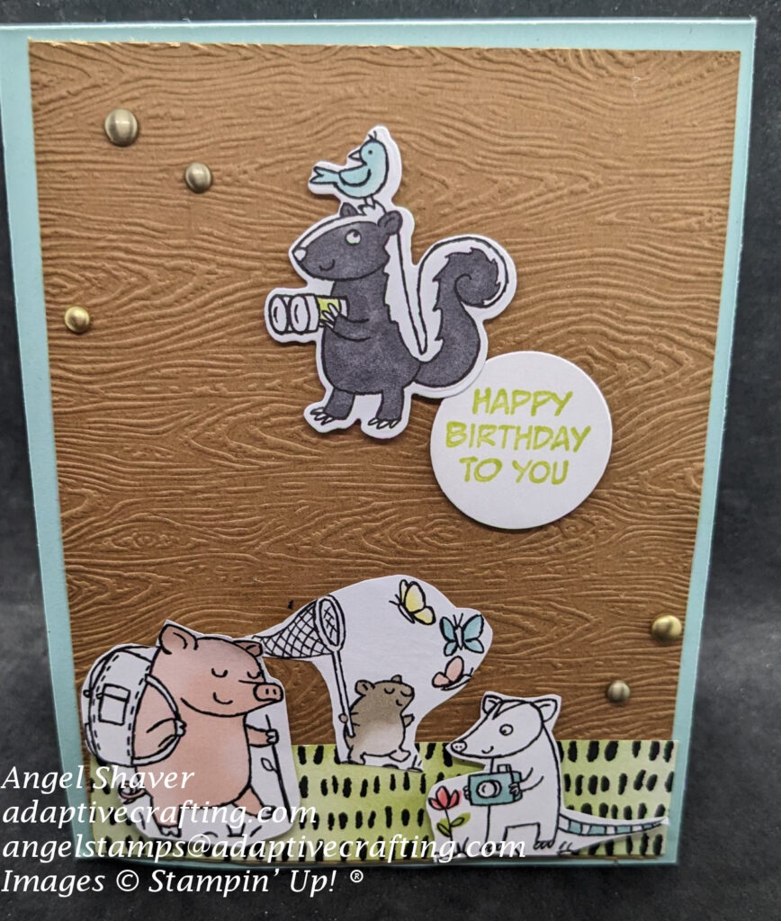 Blue card with brown embossed card front layer to look like tree bark.  Cur out image of paper skunk holding binoculars with bird on his head on card center front.  Circle sentiment label is under skunk and says, "Happy Birthday to You."  Strip of black and white patterned paper colored with lime green ink is at bottom of card front.  Out zoo crew animals are along bottom paper strip--pig hiking wearing backpack, mole chasing butterflies, and opossum holding camera looking at a flower.  Card is finished with metallic dot embellishments.