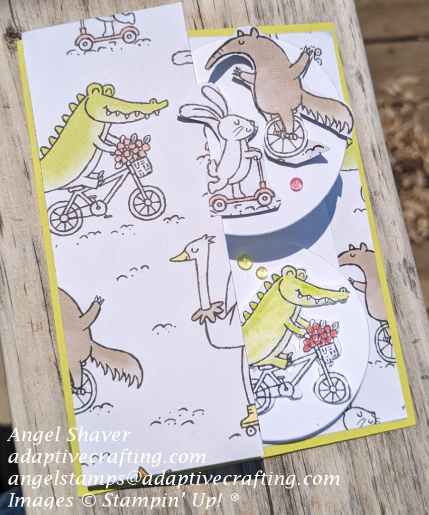 2,4,6,8 fun fold card using zoo crew designer series paper with zoo animals riding various things with wheels--bicycle, unicycle, scooter, electric scooter, roller skates. Patterned paper on lime green cardstock base.