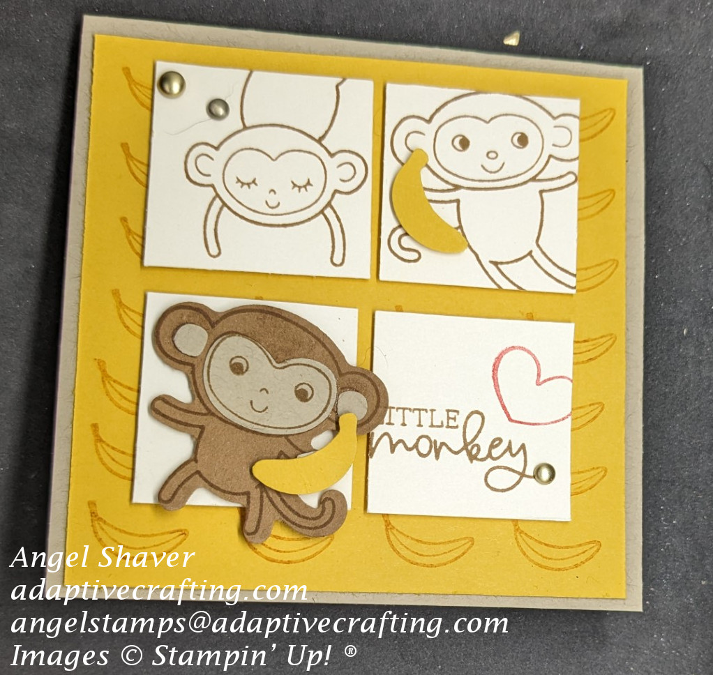 Crumb cake square card with yellow background made with stamped rows of bananas.  Four vanilla squares on top layer with two stamped with monkeys, one featuring a monkey punchart and last square says "little monkey" with heart stamp.
