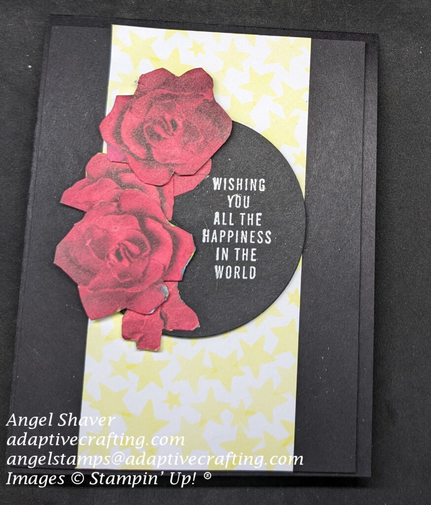 Black card with strip of patterned paper with yellow stars.  Black circle is on top with red paper roses cut from patterned paper.  Sentiment is heat embossed in white and says, "Wishing you all the happiness in the world."