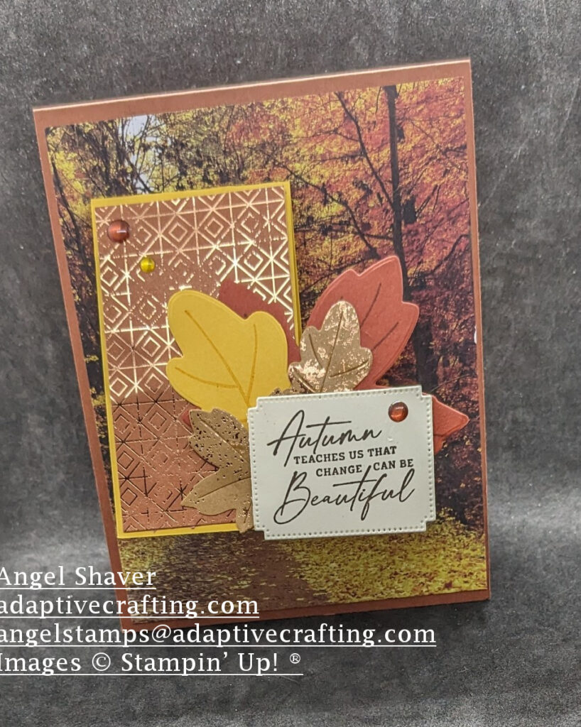 Brown card with patterned paper showing autumn trees.  Smaller gold rectangle card attached to the front.  The front of the smaller card has diecut leaves along with sentiment label attached.  Sentiment says, "Autumn teaches us that change can be beautiful."  