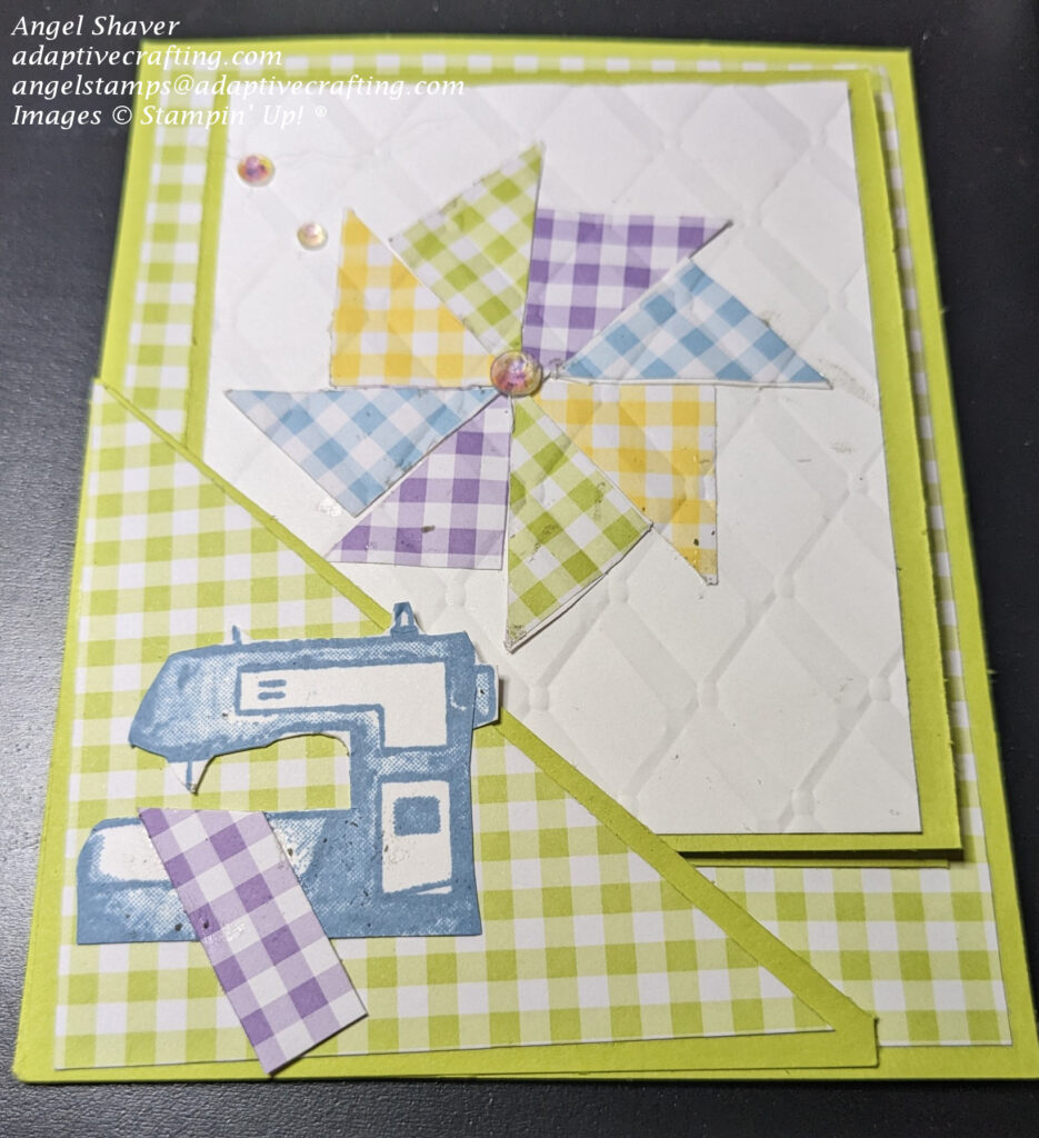 Lime green pocket card.  Pocket holder has lime green gingham paper and is decorated with a stamped sewing maching.  Card that fits in the pocket has a quilt design created from triangles of gingham paper.  Card front is embossed with  embossing folder.  