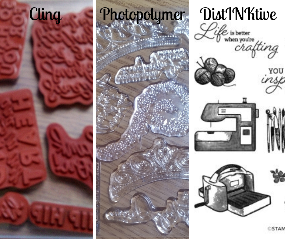 Three different types of stamps.  1. Cling--made of red rubber  2.  Photopolymer--clear 3.  DistINKtive--image shows picture of crafting with you stamp case