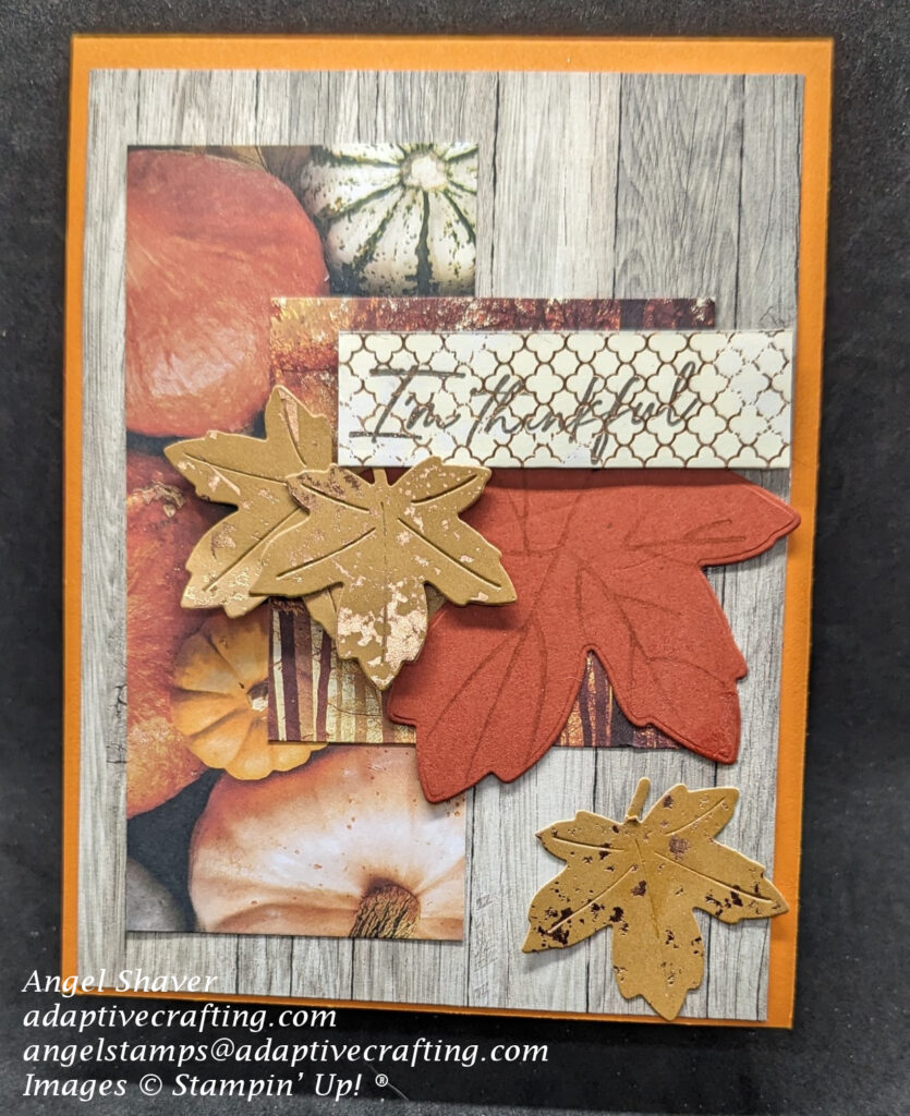 Orange fall card with patterned paper images representing a pumpkin patch..  Wood patterned background layer, with rectangle strip with pictures of pumpkins and gourds.  Square image of fall trees, covered by die cut leaf images in fall colors.  Sentiment label says, "I'm thankful."