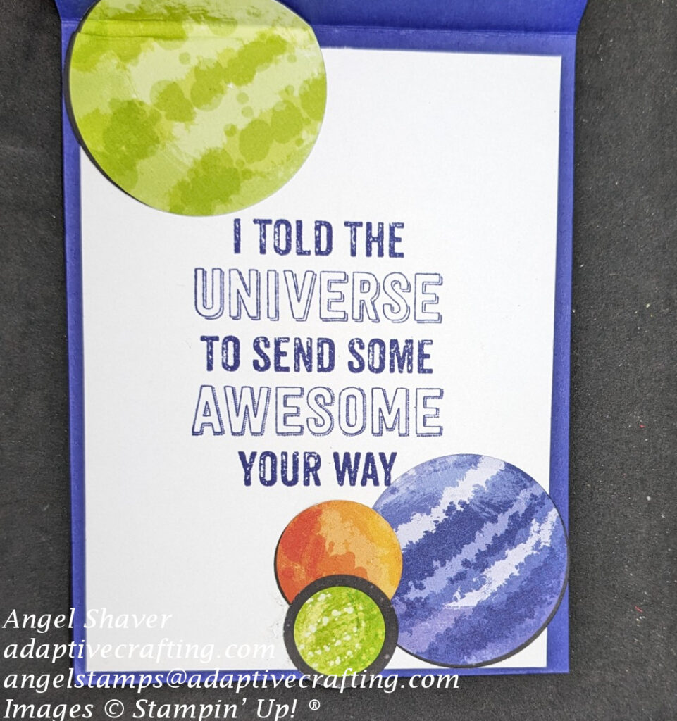 Inside of card with four more planets.  Sentiment says, "I told the universe to send some awesome your way."