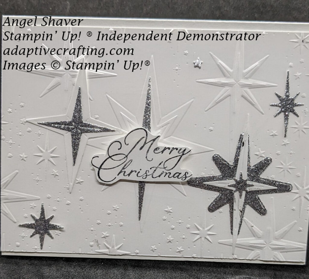 White Christmas card with embossed white panel with stars with added silver and white star dies.  Sentiment says "Merry Christmas"