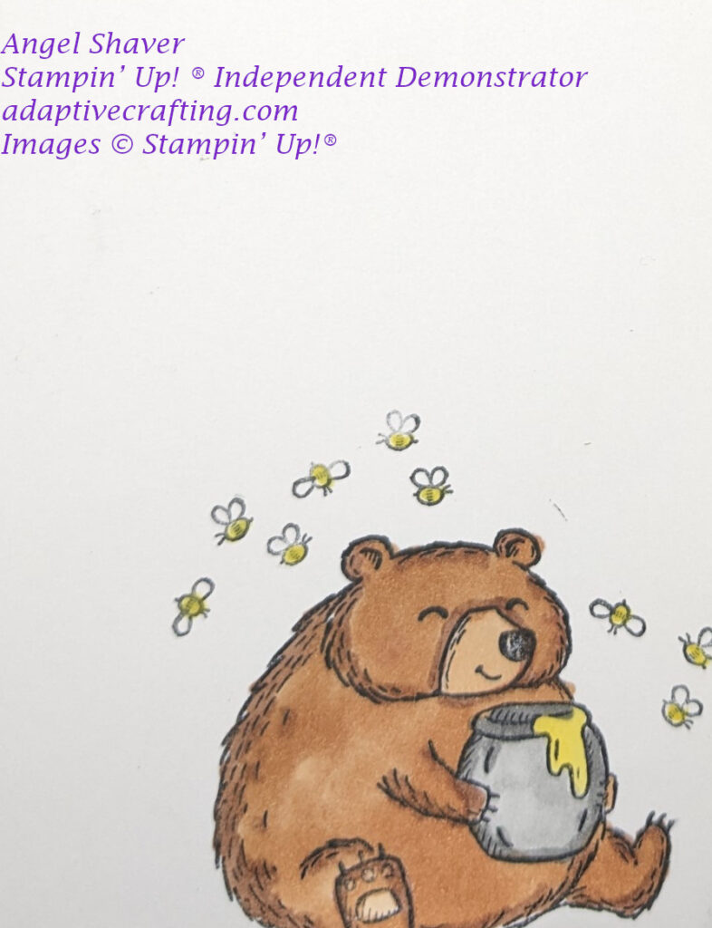 Inside of card showing the bear enjoying his honey pot surrounded by bees.