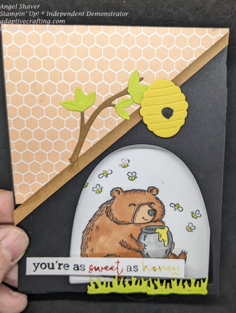 Black card covered diagonally from mid-left center of card to top right corner in honeycomb patterned paper.  There is a brown strip running along the diagonal with a beehive hanging from a tree branch.  The bottom of the card has a half oval opening cut into the card base so you can see the bear with his honey pot and bees on the inside.  The sentiment says, "You're sweet as honey."