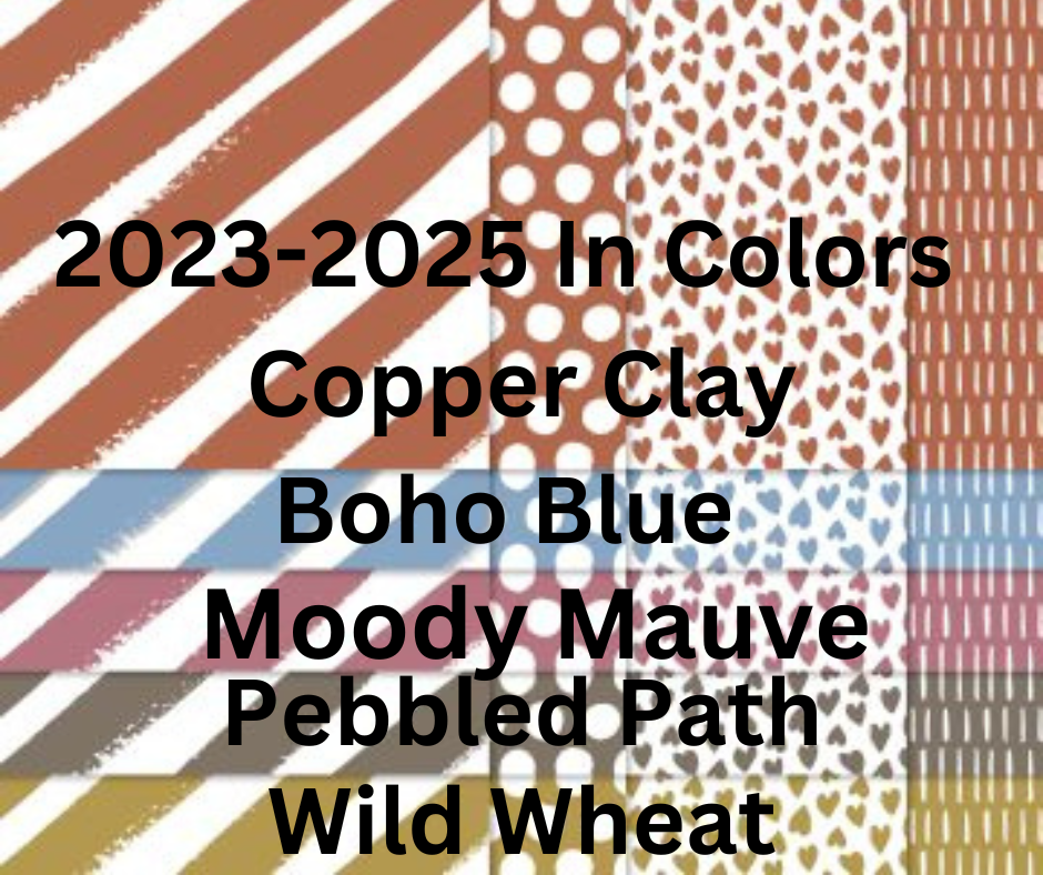 Picture of patterned paper in 2023-2025 In Colors:  Copper Clay, Boho Blue, Moody Mauve, Pebbled Path, Wild Wheat