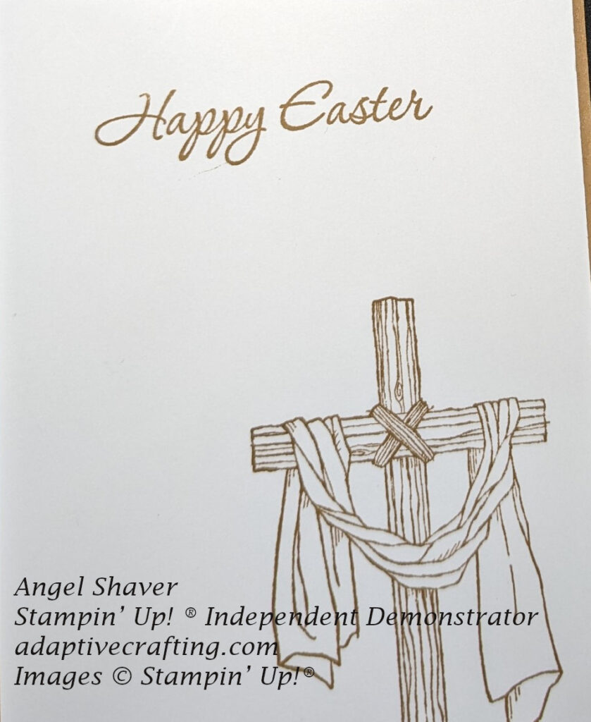 White inside of card with brown stamped cross and "Happy Easter" sentiment.