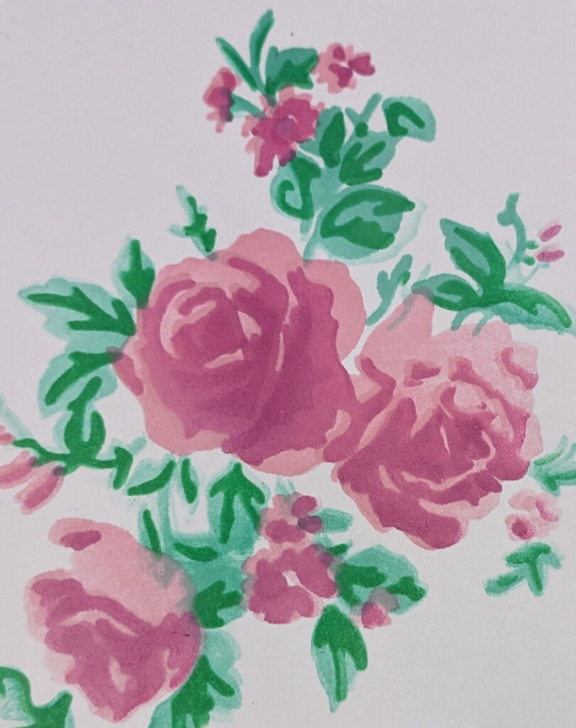 Picture of pink and purple roses with green leaves colored with layering masks and no image stamped on top.